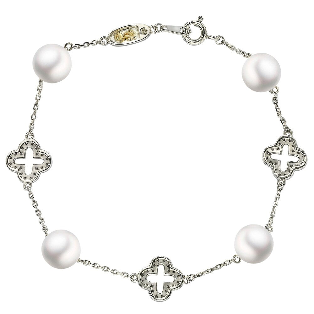 Suzy Levian Sterling Silver Clover White Sapphire and Cultured Pearl Bracelet