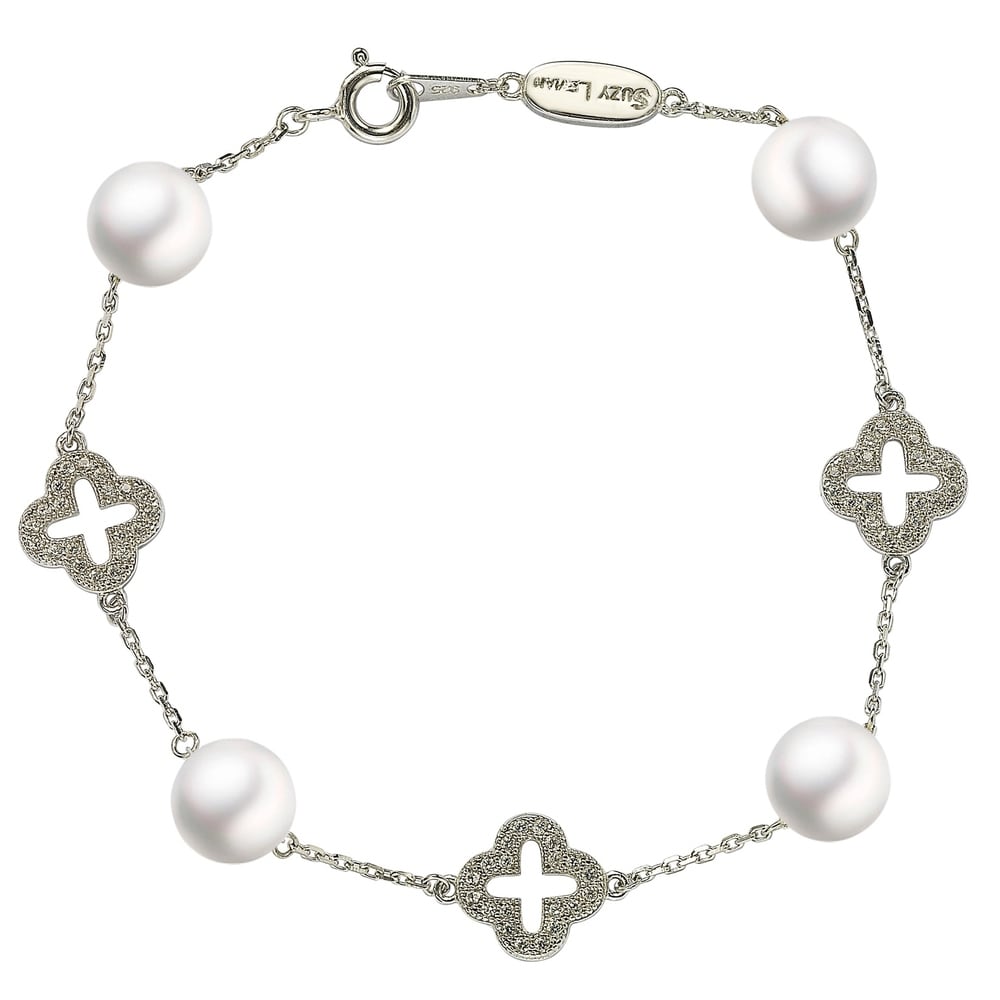 Suzy Levian Sterling Silver Clover White Sapphire and Cultured Pearl Bracelet