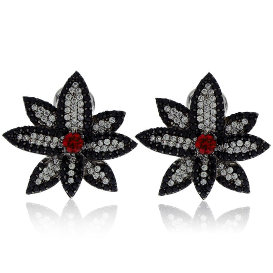 Suzy Levian Sterling Silver Created Ruby and Black and White Cubic Zirconia Floral Earrings