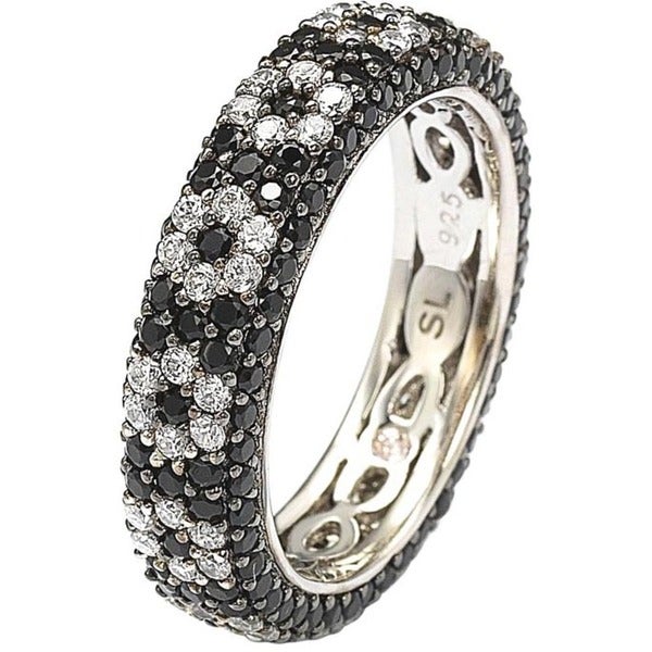 Suzy Levian Sterling Silver Cubic Zirconia Black and White Flower Eternity Band