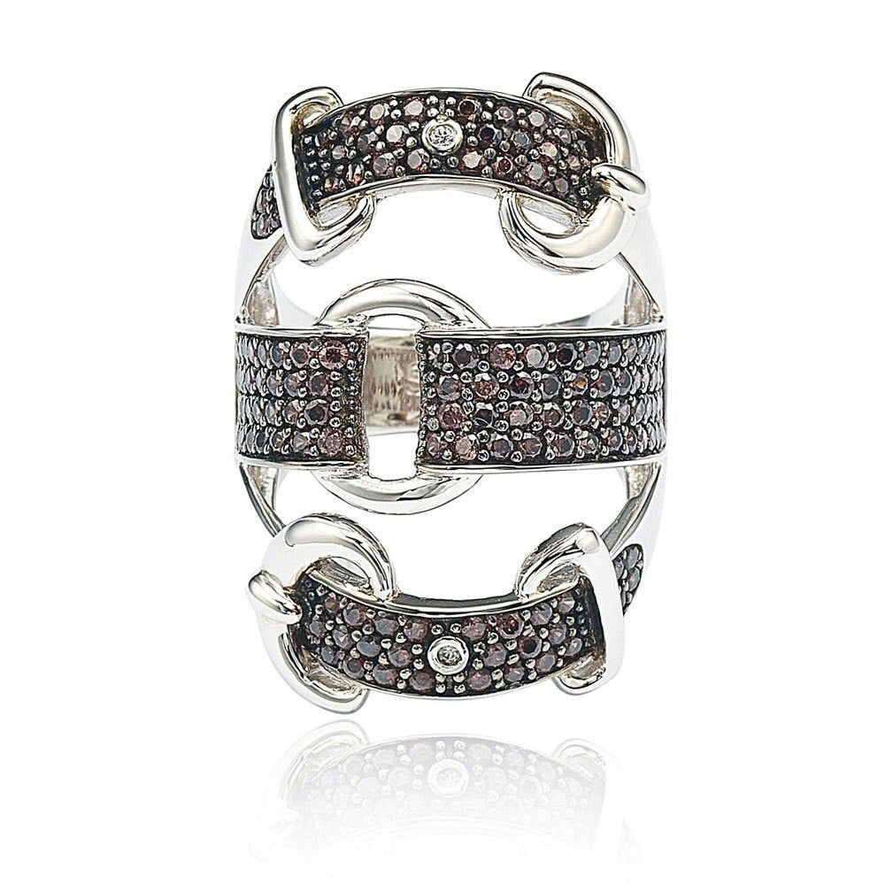 Suzy Levian Sterling Silver Cubic Zirconia Brown and White Buckle Ring
