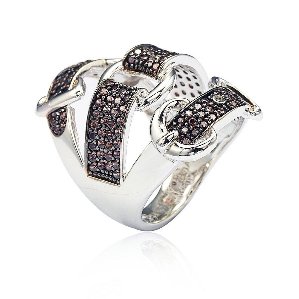 Suzy Levian Sterling Silver Cubic Zirconia Brown and White Buckle Ring