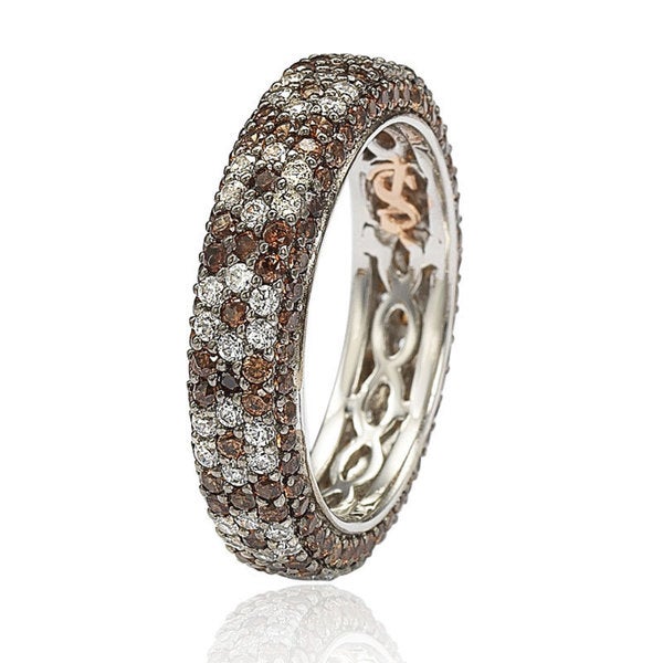 Suzy Levian Sterling Silver Cubic Zirconia Brown and White Flower Eternity Band