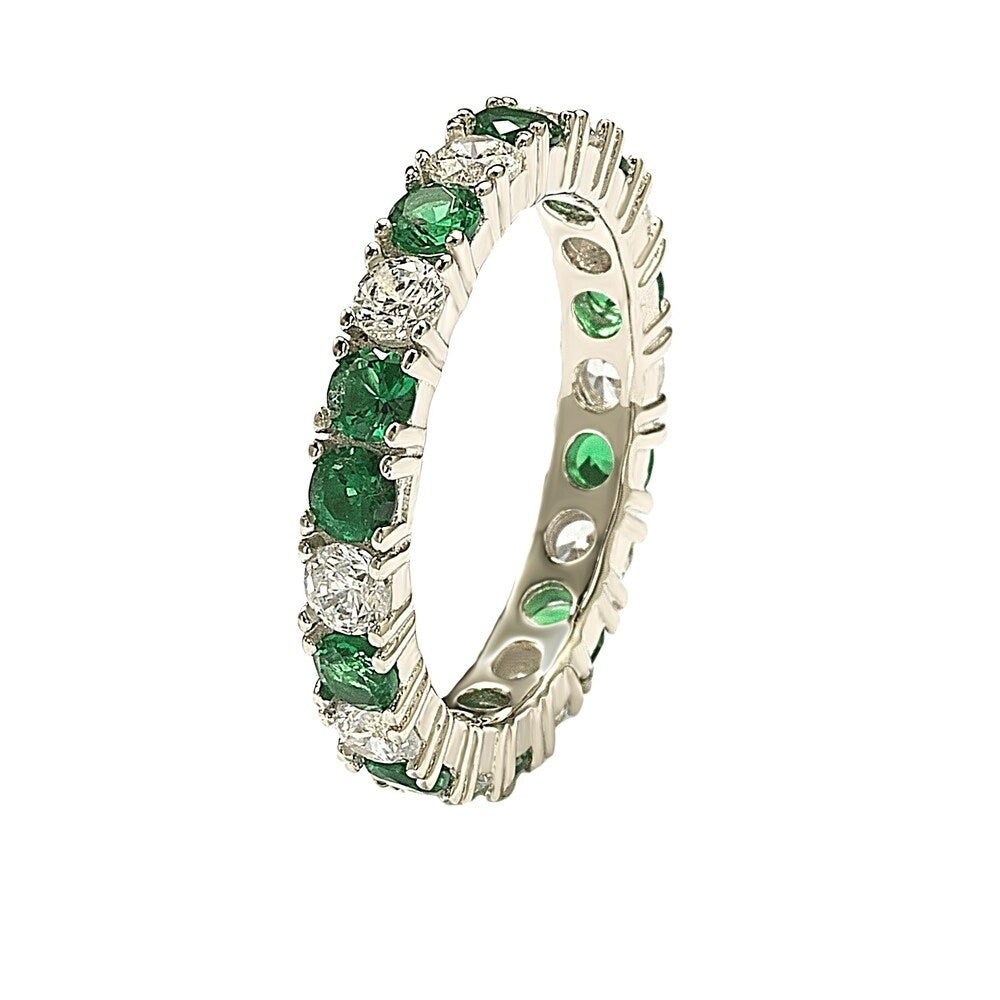 Suzy Levian Sterling Silver Cubic Zirconia Green Emerald Alternating Eternity Band