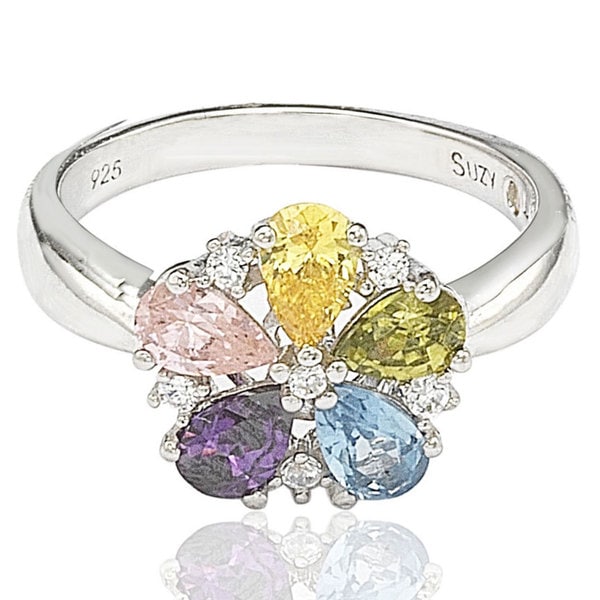 Suzy Levian Sterling Silver Cubic Zirconia Multi-Color Flower Ring