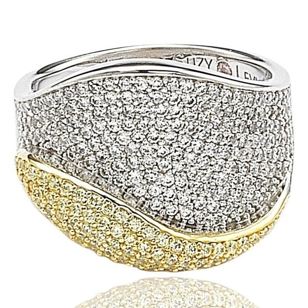 Suzy Levian Sterling Silver Cubic Zirconia Pave Yellow and White Curvy Ring