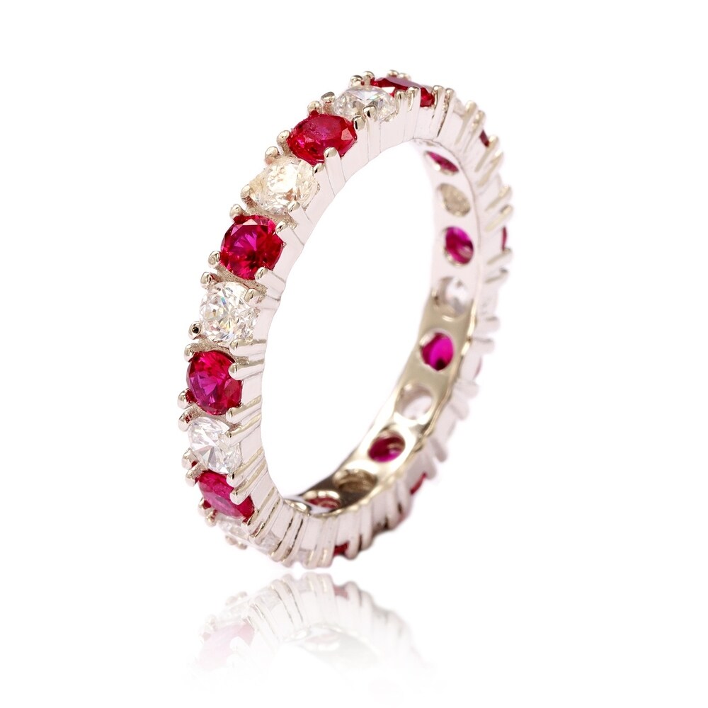 Suzy Levian Sterling Silver Cubic Zirconia Ruby Red Alternating Eternity  Band