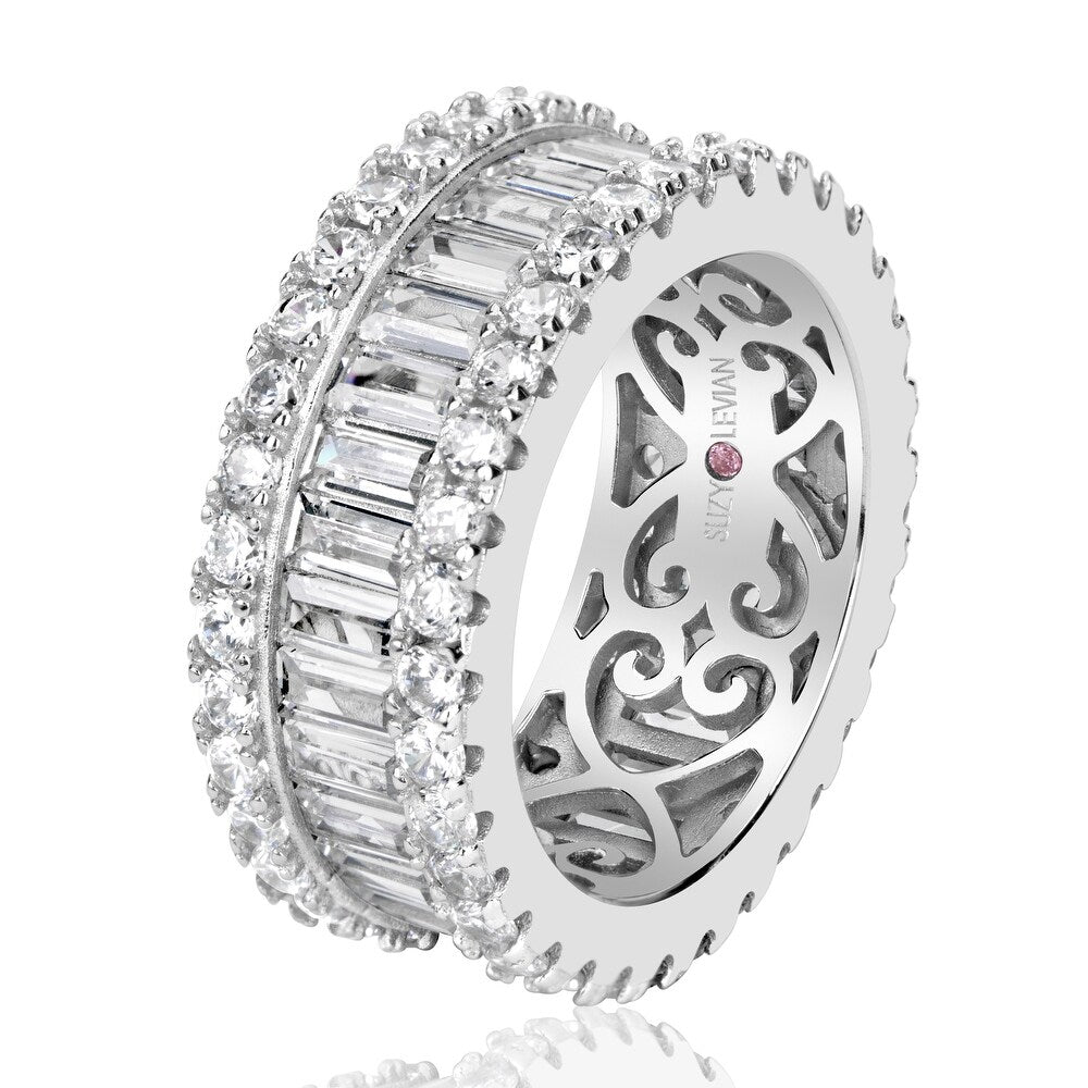 Suzy Levian Sterling Silver Cubic Zirconia White Baguette and Round Wide Eternity Band