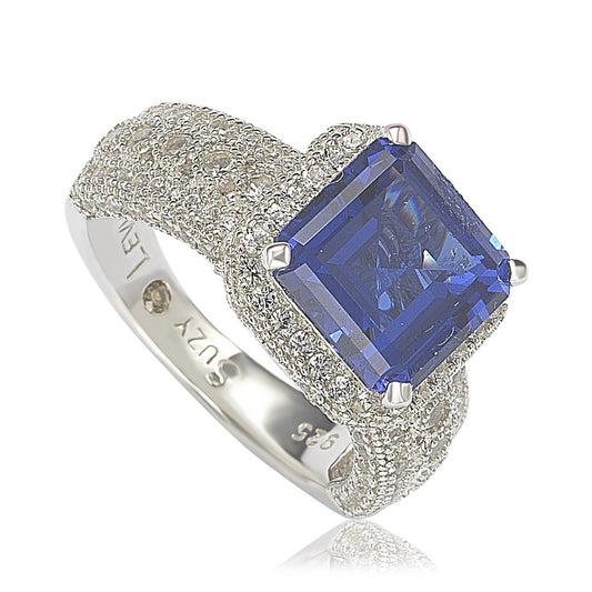 Suzy Levian Sterling Silver Emerald-Cut Sapphire & Diamond Accent Ring with 18k Gold Logo