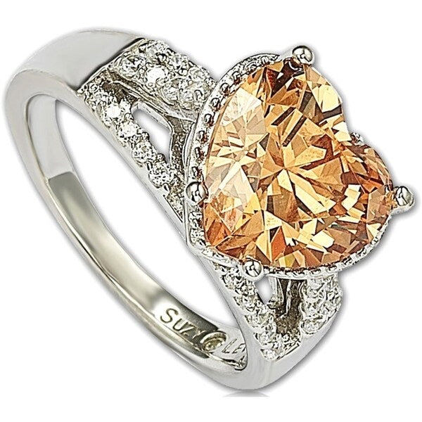 Suzy Levian Sterling Silver Heart-shape Orange Cubic Zirconia Ring