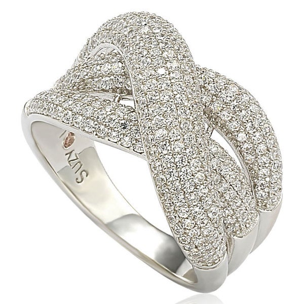 Suzy Levian Sterling Silver Micro Pave Cubic Zirconia Crossover Ring