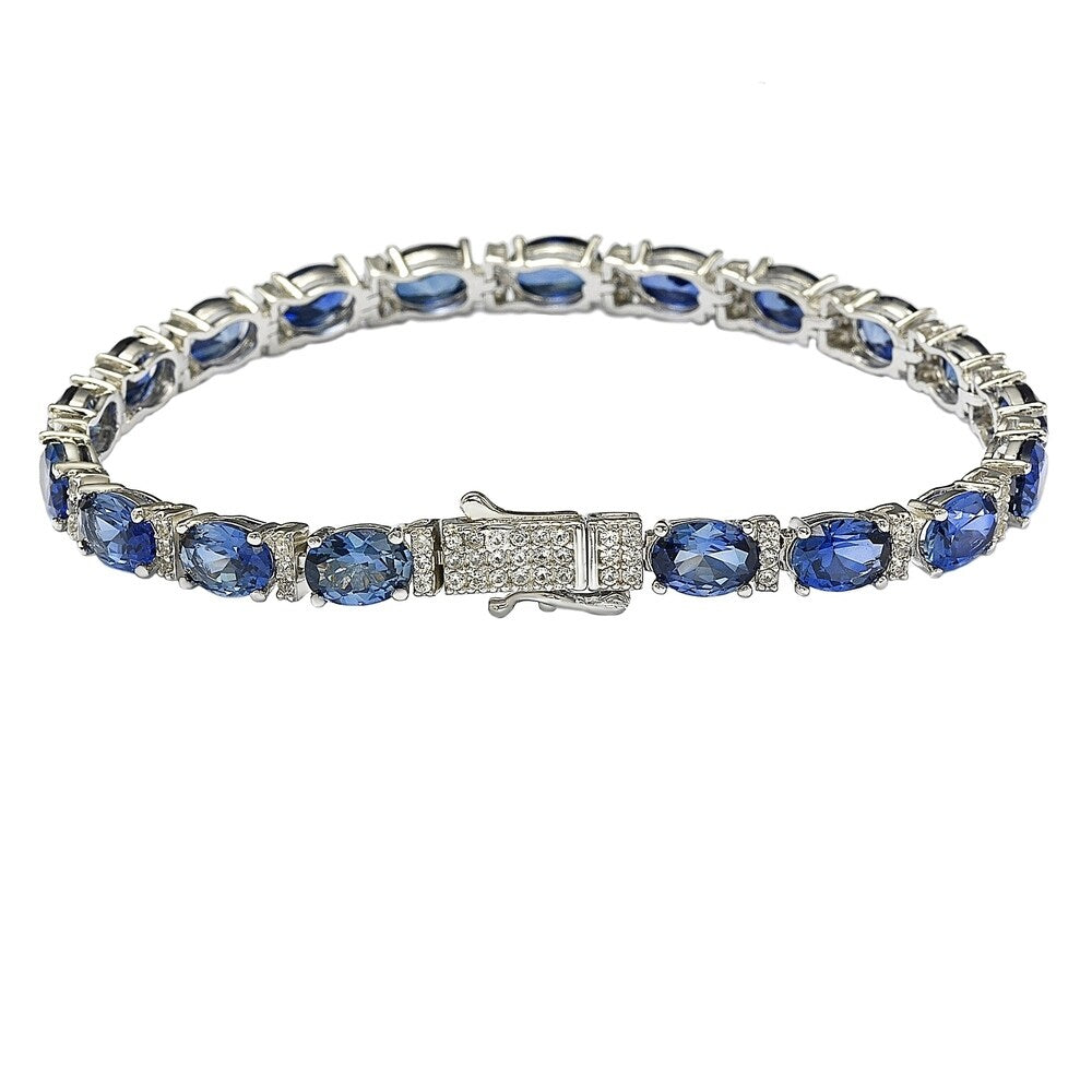 Suzy Levian Sterling Silver Oval Cut Blue Sapphire Diamond Accent Tennis Bracelet