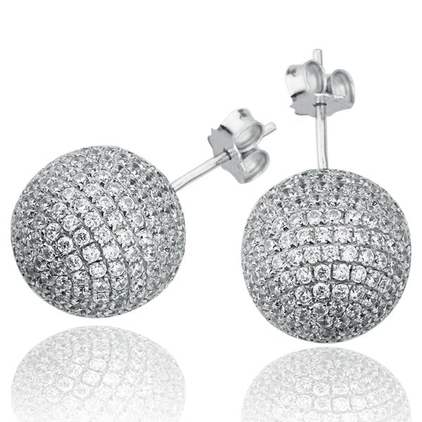 Suzy Levian Sterling Silver Pave Cubic Zirconia Ball Stud Earrings