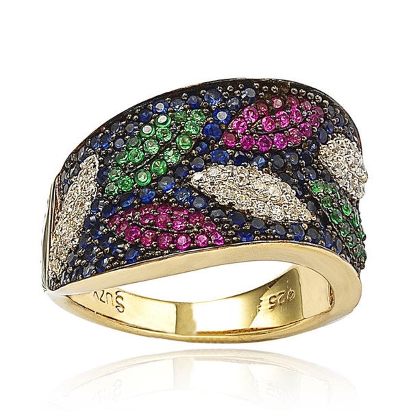Suzy Levian Sterling Silver Pave Cubic Zirconia Multi-Color Leaf Ring