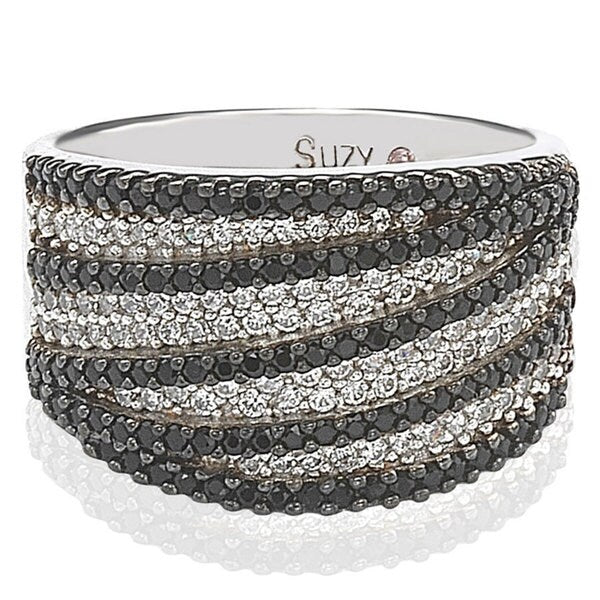 Suzy Levian Sterling Silver Pave White & Black Cubic Zirconia Ring