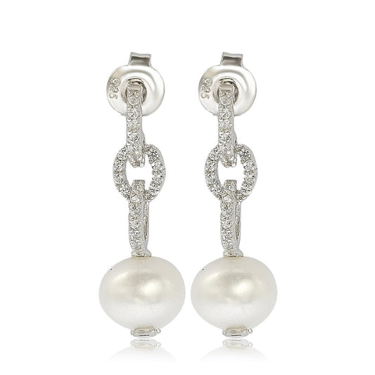 Suzy Levian Sterling Silver Pearl & White Sapphire Dangle Earrings
