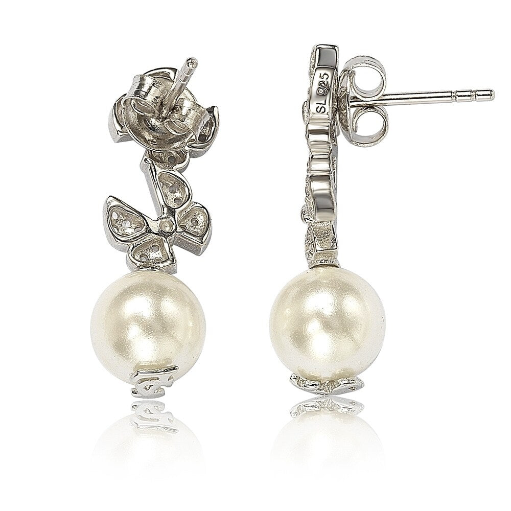 Suzy Levian Sterling Silver Pearl and White Sapphire Butterfly Earrings