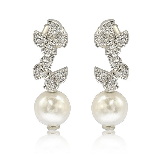 Suzy Levian Sterling Silver Pearl and White Sapphire Butterfly Earrings