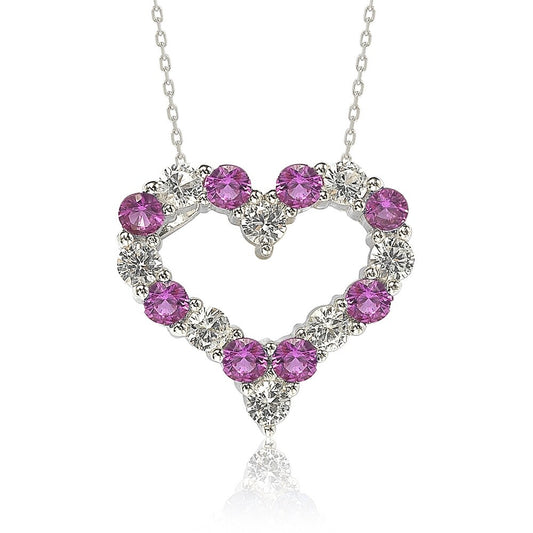 Suzy Levian Sterling Silver Pink Sapphire & Diamond Accent Alternating Heart Eternity Pendant