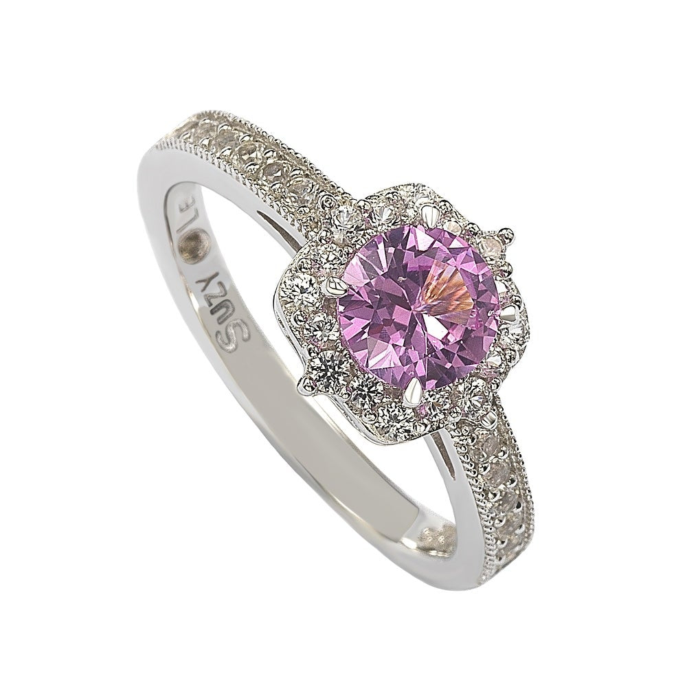 Suzy Levian Sterling Silver Pink Sapphire & Diamond Accent Center Stone Ring