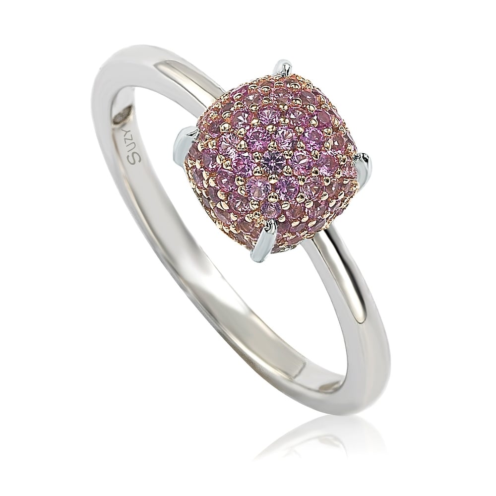 Suzy Levian Sterling Silver Pink Sapphire & Diamond Accent Pave Ball-Top Ring