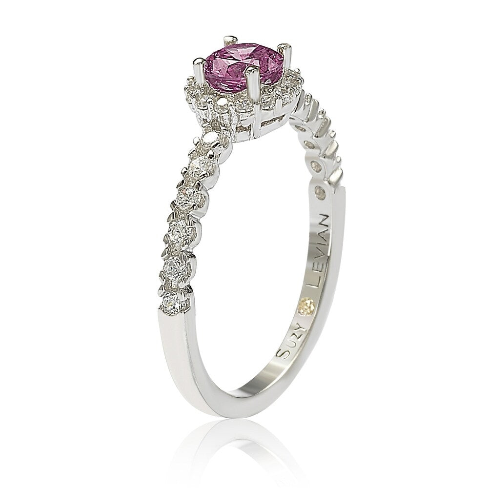Suzy Levian Sterling Silver Pink Sapphire (0.54cttw) & Diamond Accent Petite Bridal Ring
