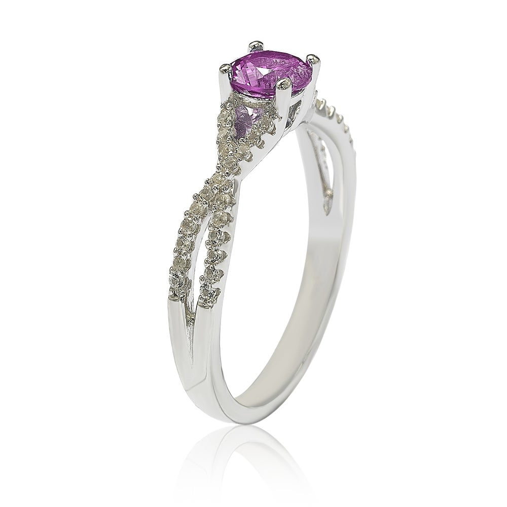 Suzy Levian Sterling Silver Pink Sapphire (0.70cttw)& Diamond Accent Crossover Twist Ring