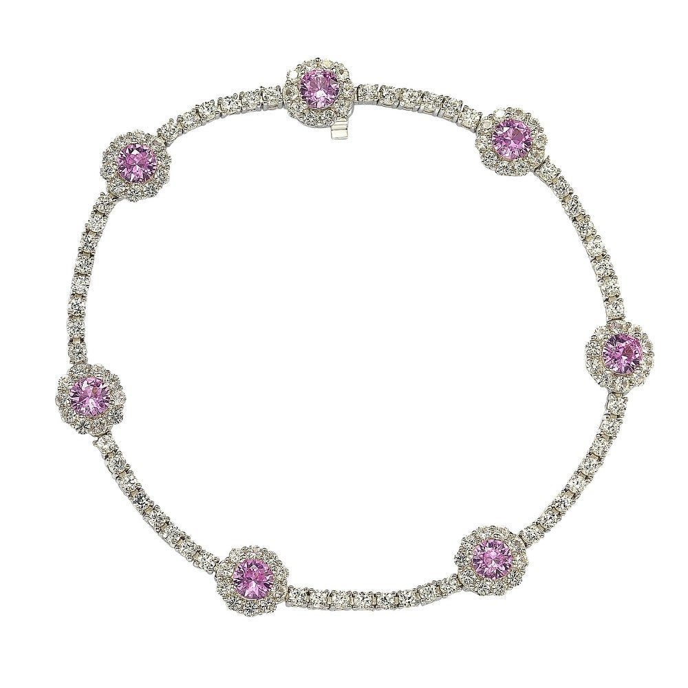 Suzy Levian Sterling Silver Pink Sapphire and Diamond Accent Flower Tennis Bracelet