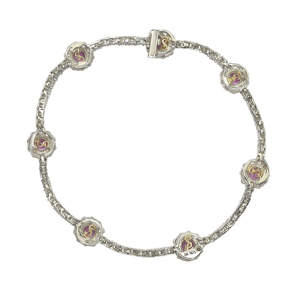 Suzy Levian Sterling Silver Pink Sapphire and Diamond Accent Flower Tennis  Bracelet