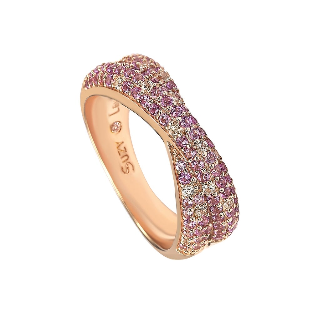 Suzy Levian Sterling Silver Pink & White Sapphire & Diamond Accent Petite Pave Crossover Ring