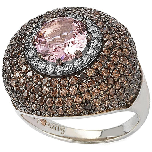 Suzy Levian Sterling Silver Pink and Brown Cubic Zirconia Halo Pave Ring