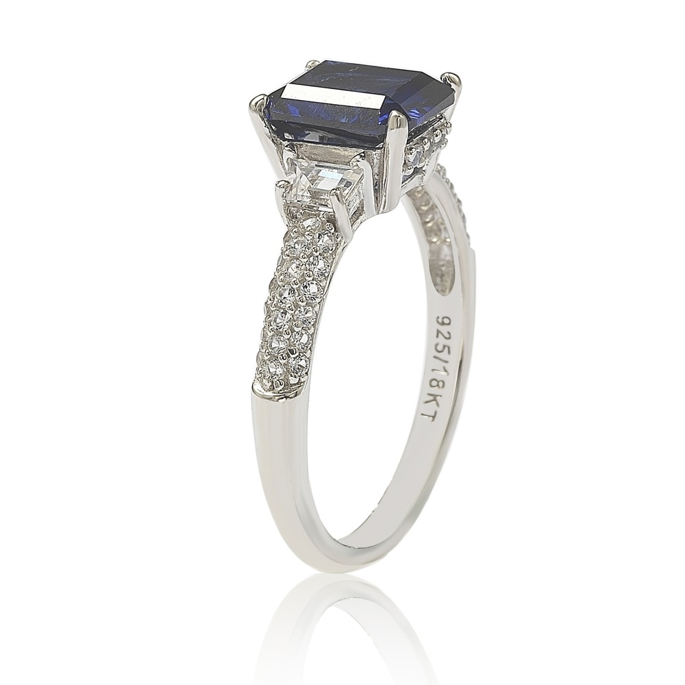 Suzy Levian Sterling Silver Sapphire & Diamond Accent 3cttw Emerald Cut Bridal Ring