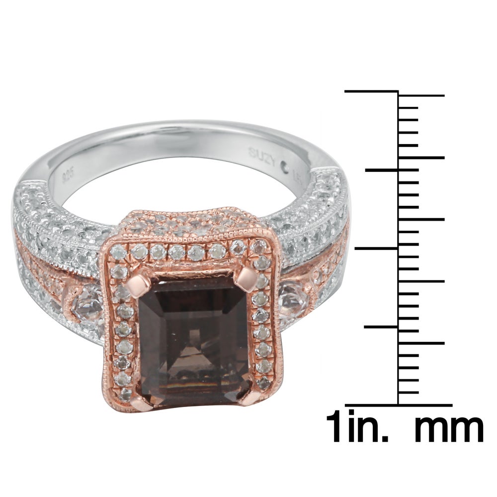 Suzy Levian Sterling Silver Emerald-Cut Smoky Quartz 5.9 cttw Ring