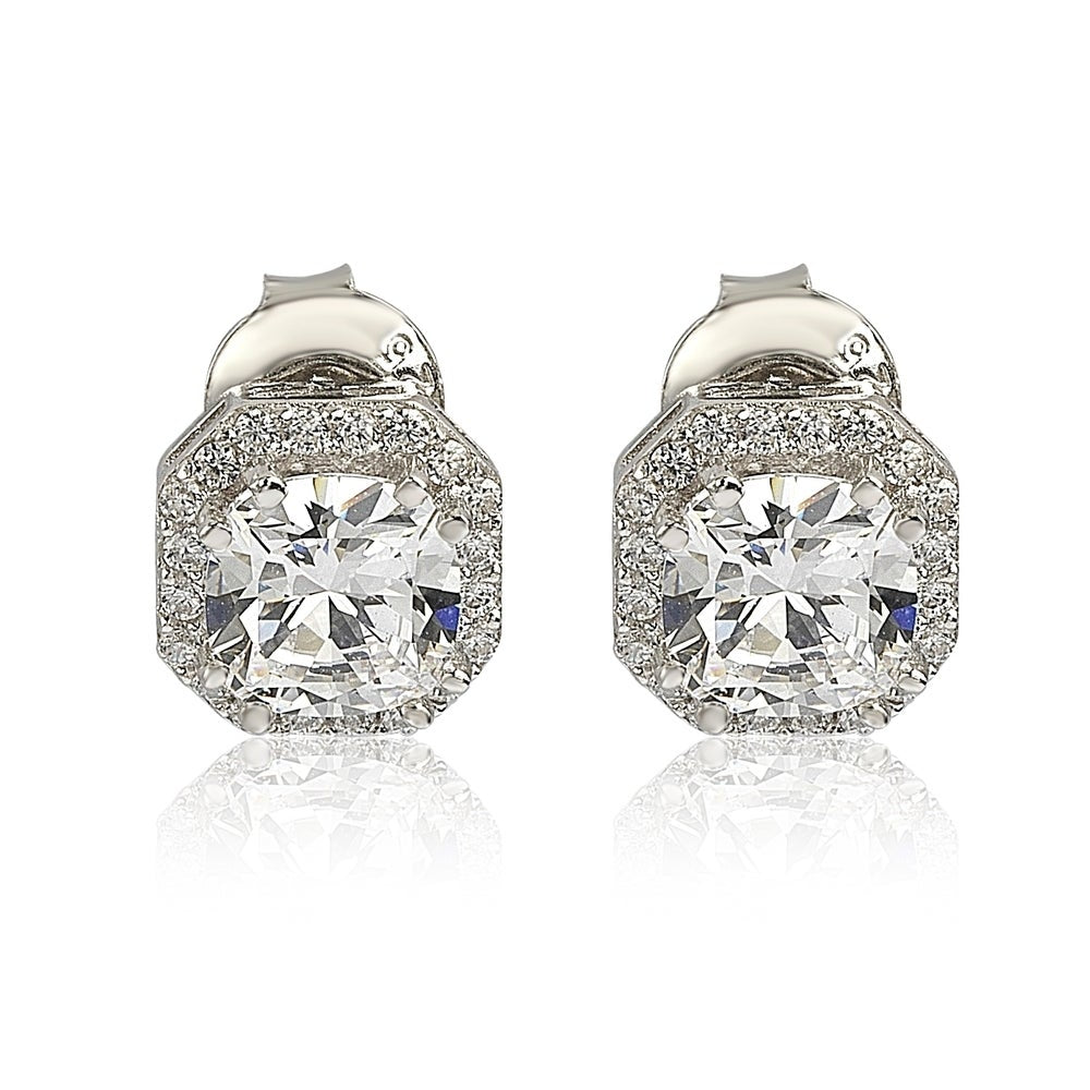 Suzy Levian Sterling Silver White Cubic Zirconia Cushion-Cut Halo Stud Earrings