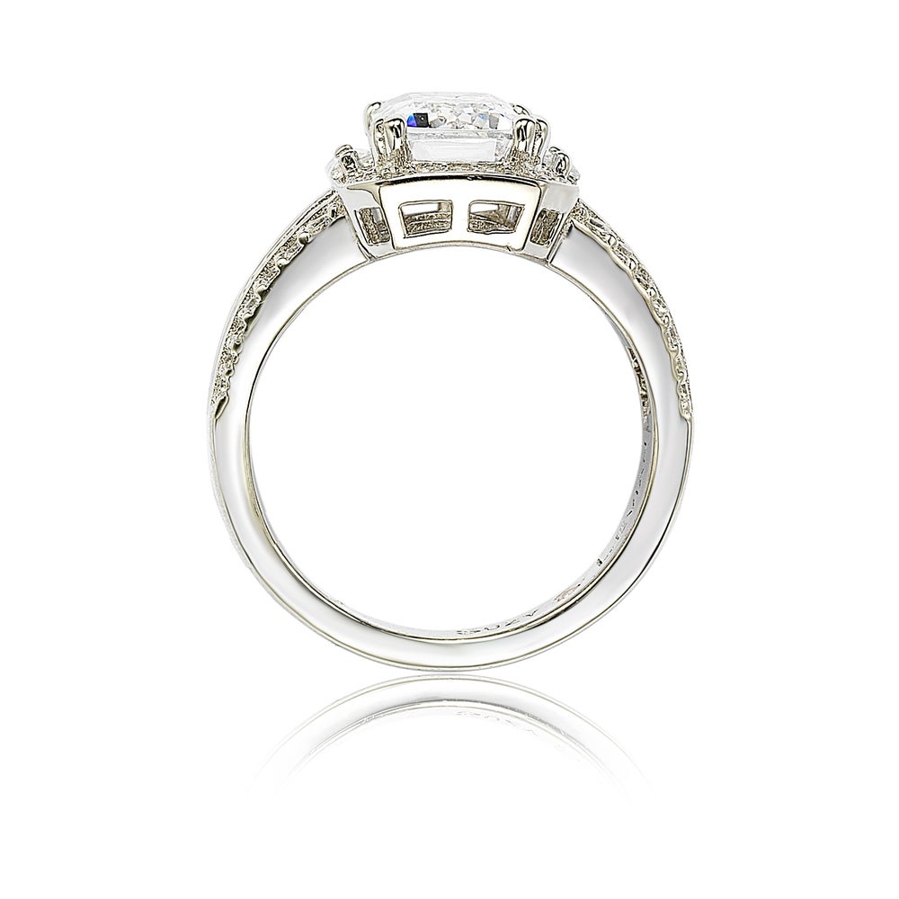 Suzy Levian Sterling Silver White Emerald-Cut Cubic Zirconia Engagement Ring