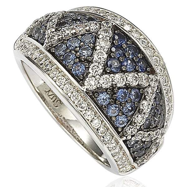 Suzy Levian Sterling Silver and 18K Gold Sapphire and Diamond Pave Zig Zag Ring
