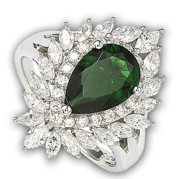 Suzy Levian Sterling Silver and 18k Gold Simulated Emerald Ring