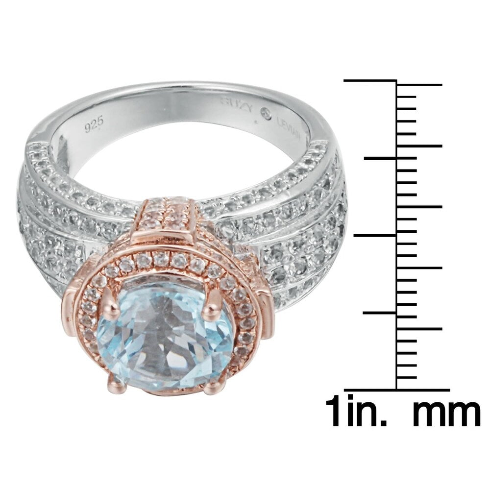 Suzy Levian Two-Tone Sterling Silver Round 5.71 cttw Blue Topaz Ring
