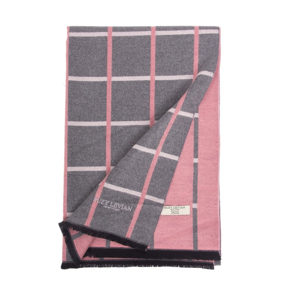 Suzy Levian Women's Grey and Pink Geometric Striped Winter Scarf