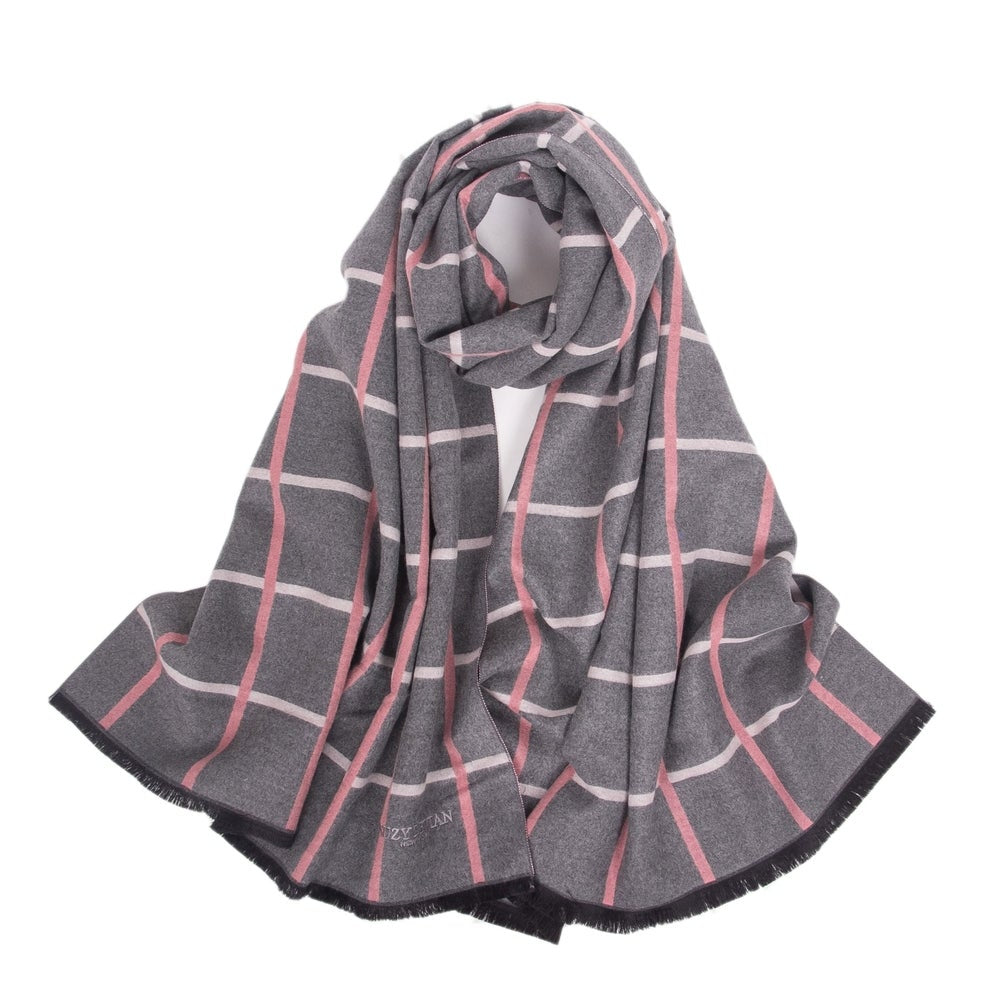 Suzy Levian Women's Grey and Pink Geometric Striped Winter Scarf