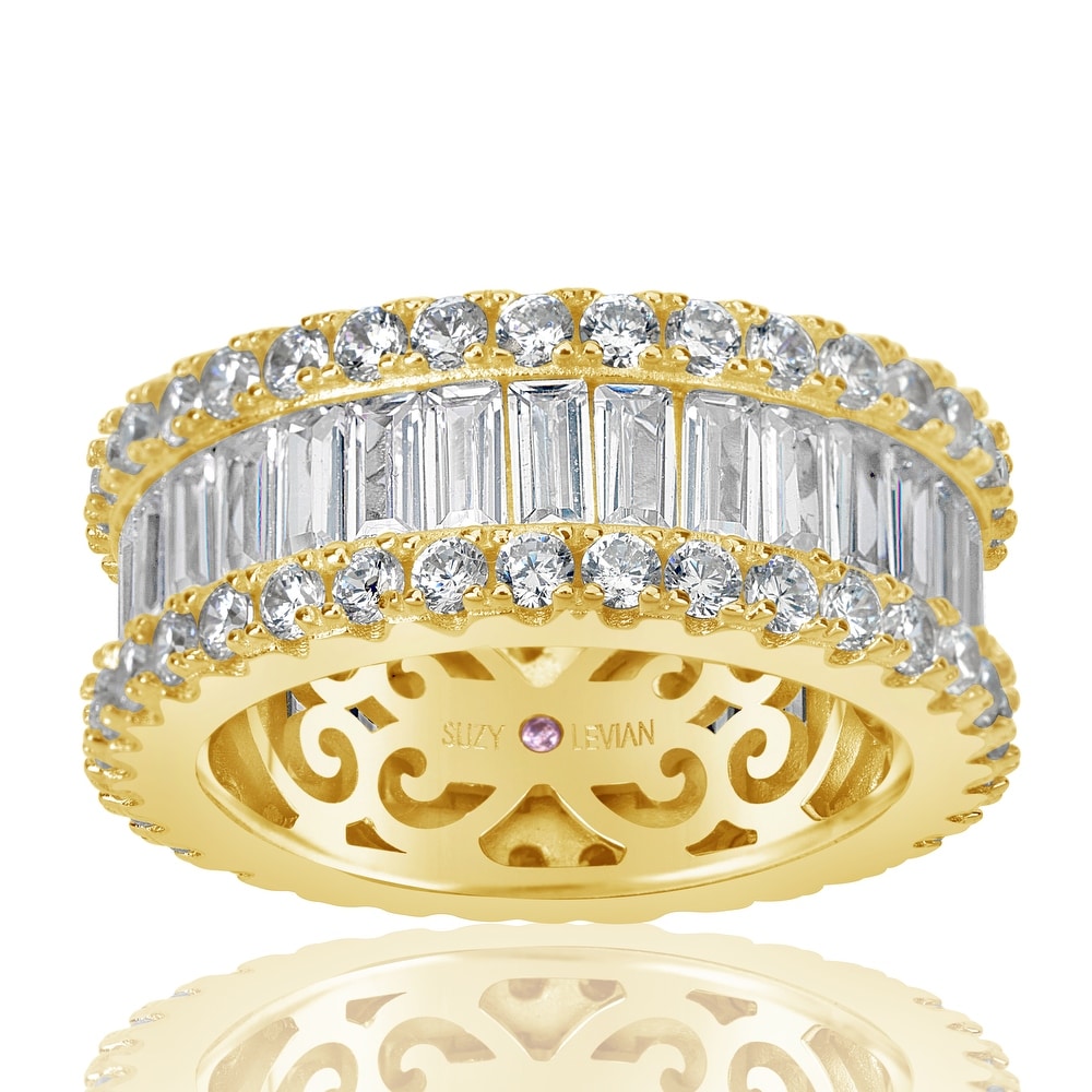 Suzy Levian Yellow Sterling Silver Cubic Zirconia White Baguette and Round Wide Eternity Band