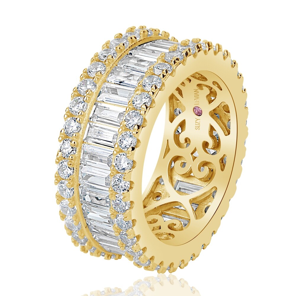 Suzy Levian Yellow Sterling Silver Cubic Zirconia White Baguette and Round Wide Eternity Band