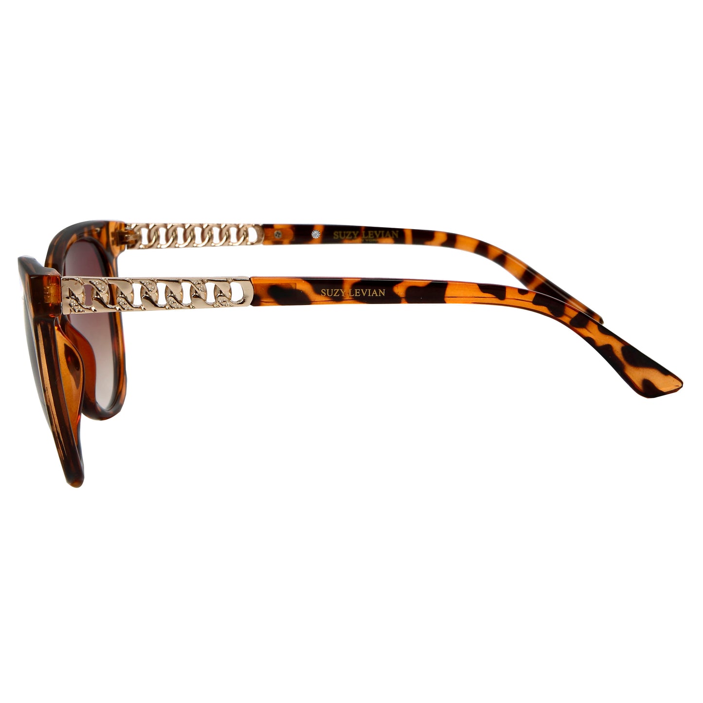 Suzy Levian Women's Brown Tortoise Square Cat-Eye Lens Gold Chain Sunglasses